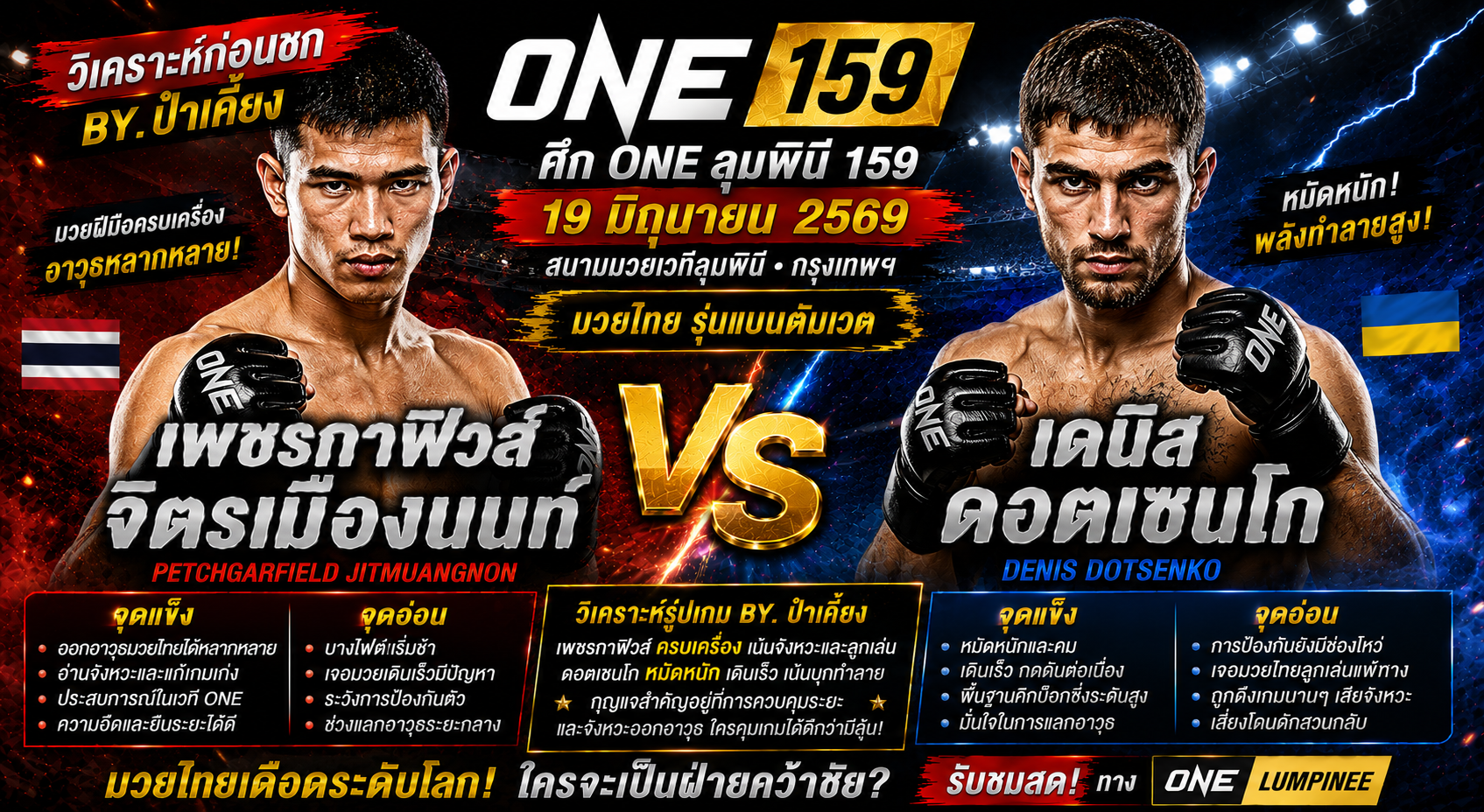 วิเคราะห์จุดแข็ง จุดอ่อน และสไตล์การชก By.ป๋าเคี้ยง : เพชรกาฟิวส์ จิตรเมืองนนท์ vs เดนิส ดอตเซนโก ศึก ONE ลุมพินี 159 วันที่ 19 มิถุนายน