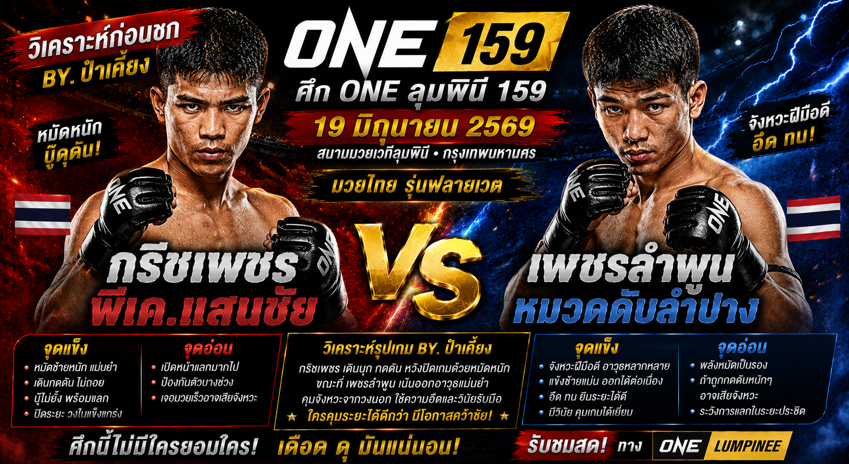 วิเคราะห์จุดแข็ง จุดอ่อน และสไตล์การชก By.ป๋าเคี้ยง : กริชเพชร พีเค.แสนชัย vs เพชรลำพูน หมวดดับลำปาง ศึก ONE ลุมพินี 159 วันที่ 19 มิถุนายน