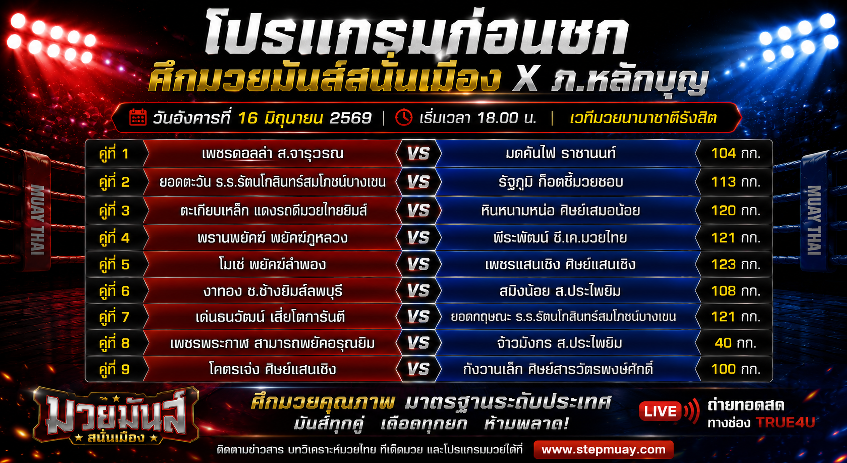 โปรแกรมมวย ศึกมวยมันส์สนั่นเมือง X ภ.หลักบุญ วันอังคารที่ 16 มิถุนายน 2569