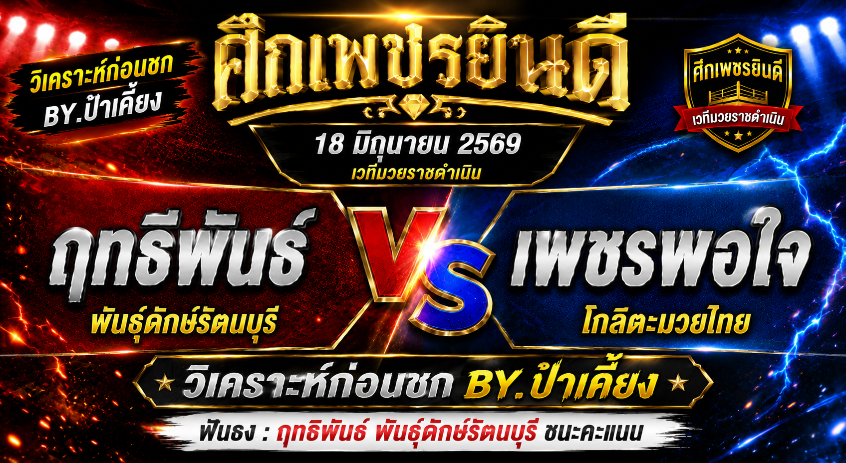 วิเคราะห์ก่อนชก By.ป๋าเคี้ยง : ฤทธิพันธ์ พันธุ์ดักษ์รัตนบุรี vs เพชรพอใจ โกลิตะมวยไทย ศึกเพชรยินดี 18 มิถุนายน 2569
